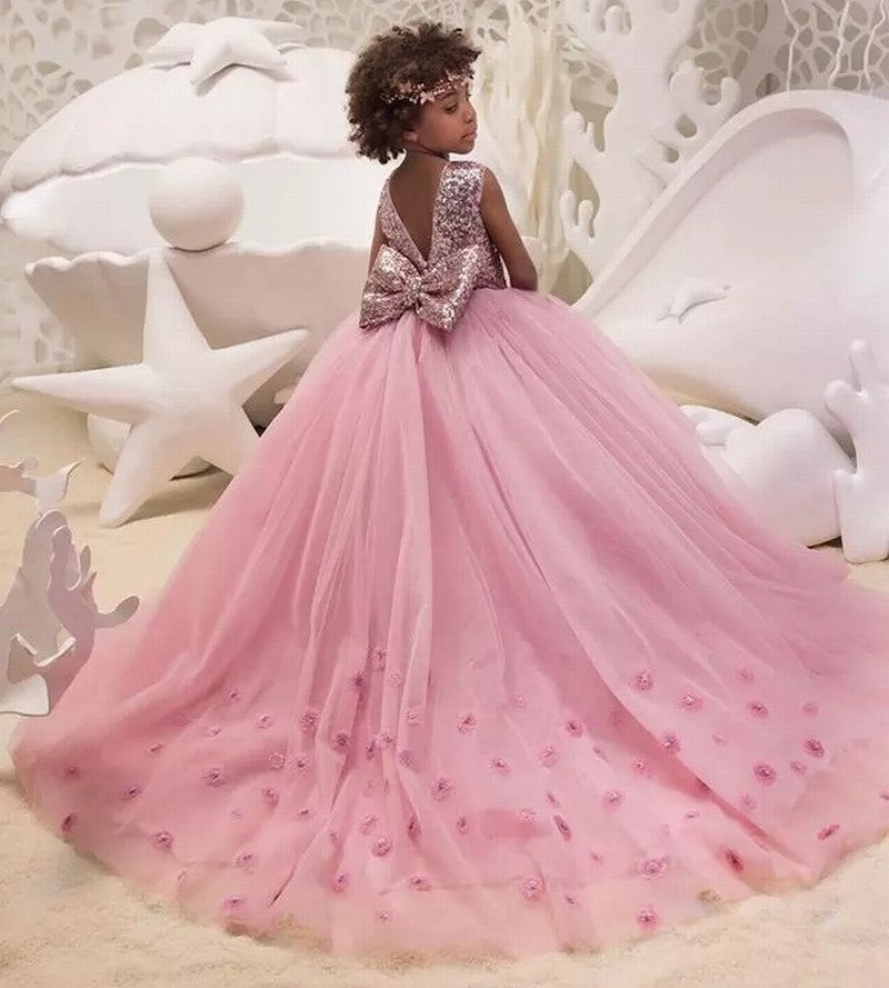 Little Girls Formal Dresses Ruffle Hand Mand Flower in the Train with Bow Girl's Pageant Dresses