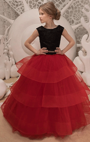 Black Lace Red Ruffle Tulle Cute Kids Flower Girl Dress,BW97461