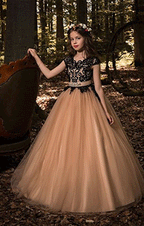 Black Lace Khaki Tulle Beading Sash Kids Children Flower Girl Dress