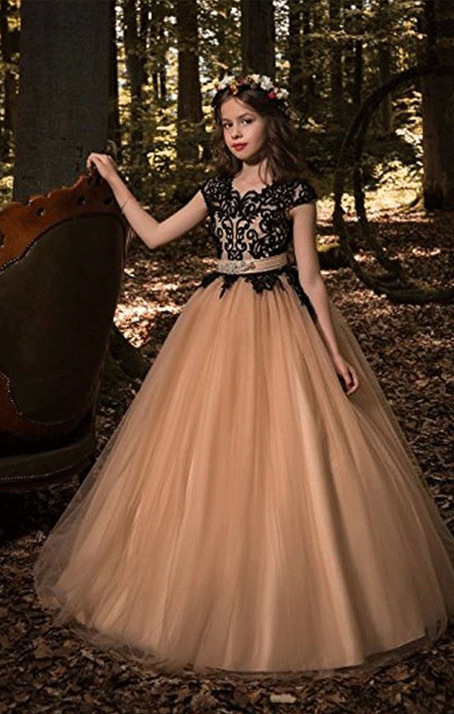 Black Lace Khaki Tulle Beading Sash Kids Children Flower Girl Dress