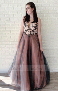 V Neck Tulle Long Prom Dress,Lace Tulle Evening Dress,BW97515
