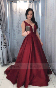 Burgundy V Neck Satin Long Prom Dress,Burgundy Satin Evening Dress,BW97518