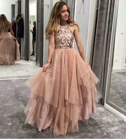 A-Line Asymmetrical Blush Prom Dress with Sequin,BW97489