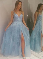 A-Line V-neck Floor-Length Light Blue Prom Dress with Appliques Beading