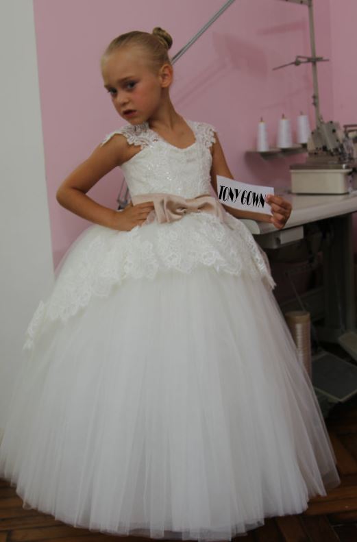 Flower Girl Dress, Beautiful White Lace Appliques Bow Belt Tulle Flower Girl Dress Pageant Dresses For Girls Glitz
