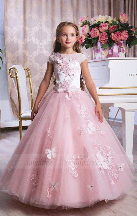 Kids Prom Dress, Flower Girl Dresses for Weddings, Applique Flower Girl Dress