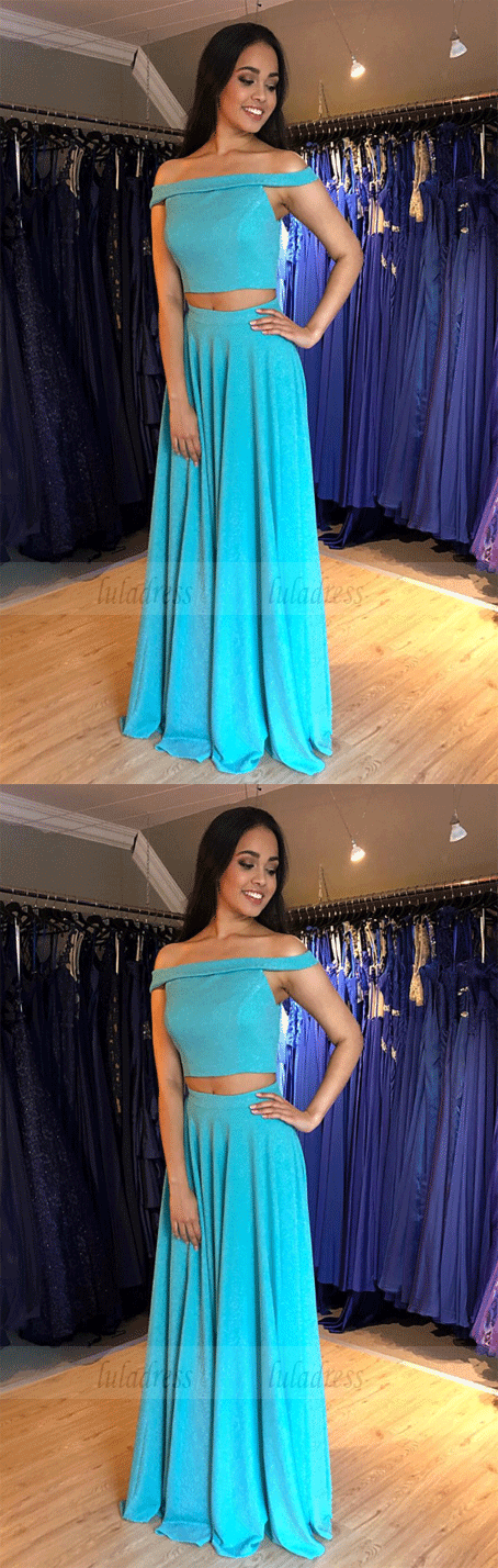 A Line Two Piece Off the Shoulder Blue Long Prom Dresses
