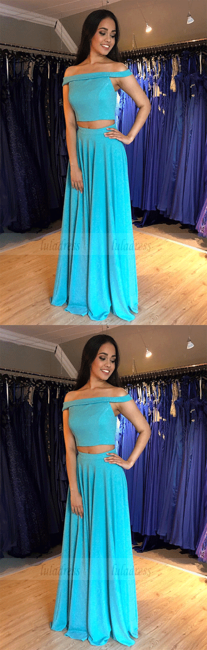 A Line Two Piece Off the Shoulder Blue Long Prom Dresses