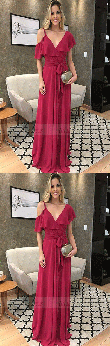 A Line One Shoulder Chiffon Long Cap Sleeveless Prom Dresses