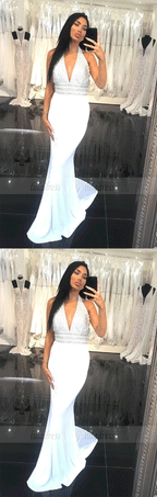 V Neck Backless Elastic Satin Beading White Long Prom Dresses