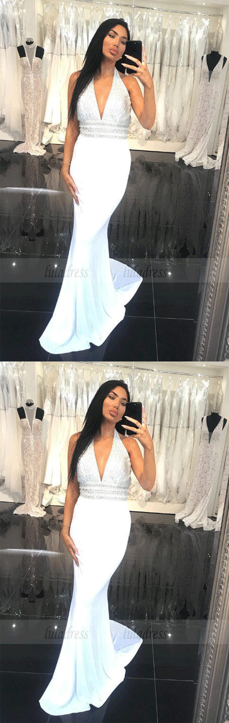 V Neck Backless Elastic Satin Beading White Long Prom Dresses