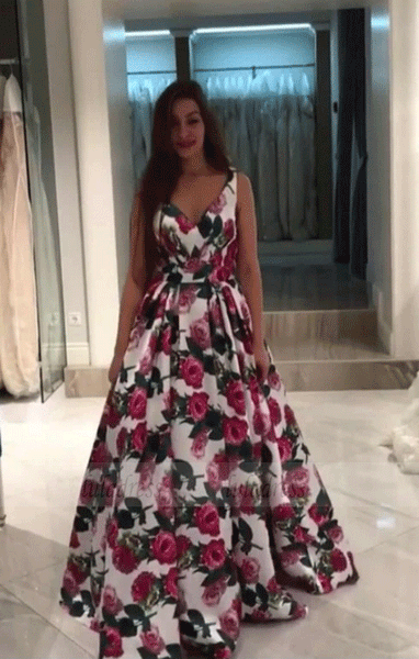 V Neck Sweetheart Floral Prom Dresses,BW97106