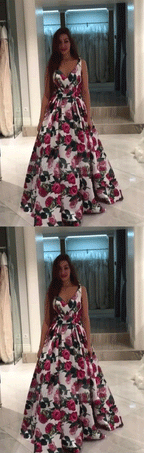 V Neck Sweetheart Floral Prom Dresses