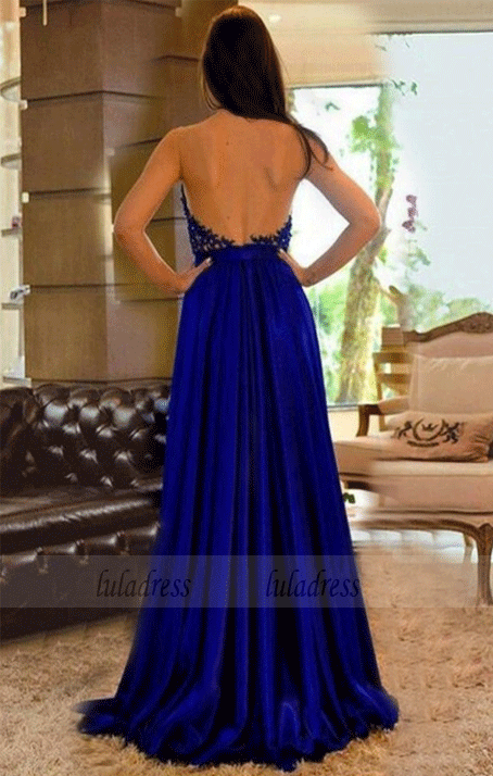 A-Line Sweetheart Sweep Train Satin Split Prom Dresses