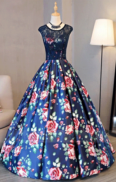 Cap Sleeves Royal Blue Printed Satin Open Back Prom Dress with Lace,BW97208
