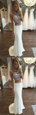 Two Piece Jewel Sweep Train White Stretch Satin Prom Dress with Beading