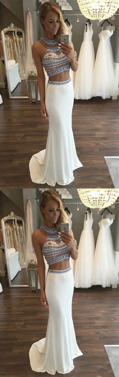 Two Piece Jewel Sweep Train White Stretch Satin Prom Dress with Beading