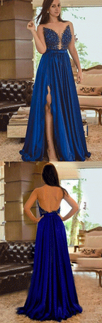 A-Line Sweetheart Sweep Train Satin Split Prom Dresses