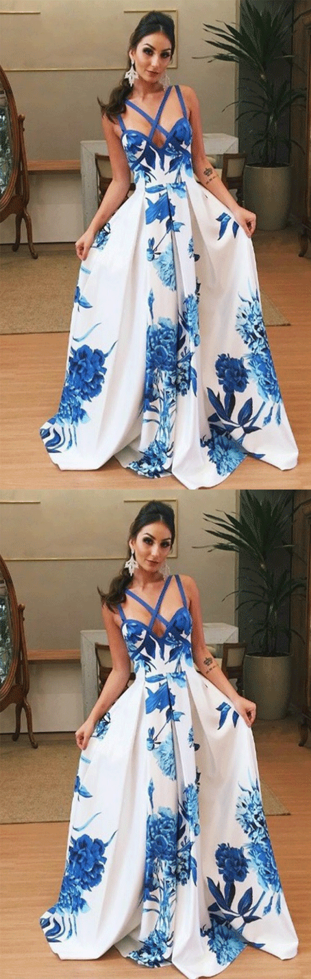 Square Sweep Train Blue Printed Satin Criss-Cross Straps Prom Dress