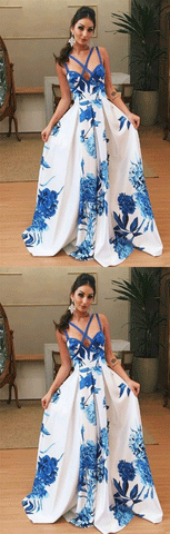 Square Sweep Train Blue Printed Satin Criss-Cross Straps Prom Dress