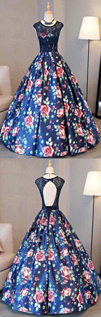 Cap Sleeves Royal Blue Printed Satin Open Back Prom Dress with Lace