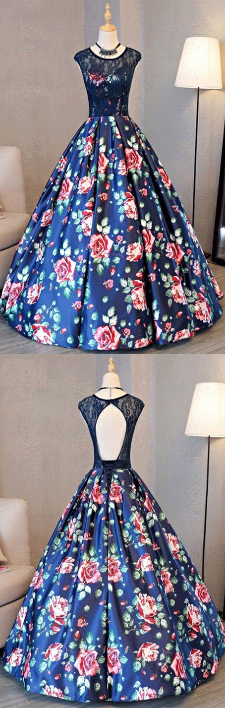 Cap Sleeves Royal Blue Printed Satin Open Back Prom Dress with Lace