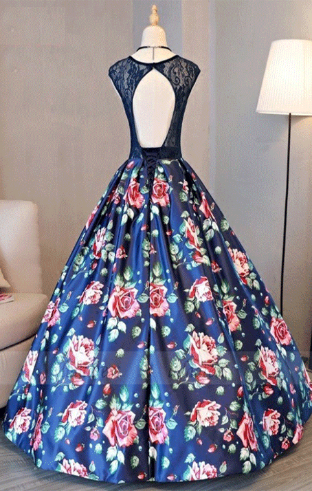 Cap Sleeves Royal Blue Printed Satin Open Back Prom Dress with Lace