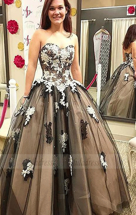 A-Line Tulle Backless Cheap Applique Prom Dresses,BW97081