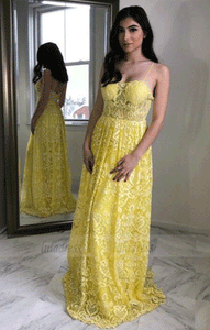 Yellow Lace Prom Dresses Spaghetti Straps Long Evening Party Dresses, BW97619