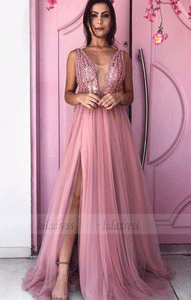 V Neck Pink Long Prom Dresses With Beading Evening Party Dresses Split, BW97618