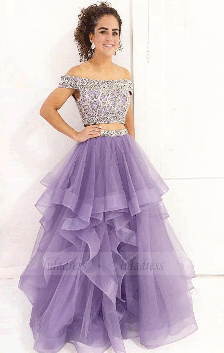 Lavender Long Prom Dress, Two Piece Prom Dress, Off the Shoulder Prom Dress, BW97656