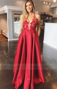 Backless Halter Long Prom Dress with Appliques, BW97651