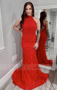 Mermaid High Neck Lace Red Long Prom Dress, BW97653