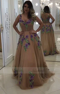 V Neck Appliques Tulle Prom Dress,BW97354