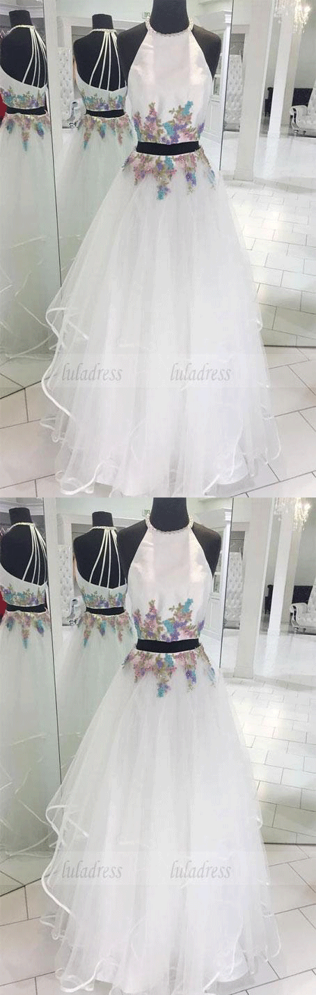 Two Pieces White Tulle Long Prom Dress