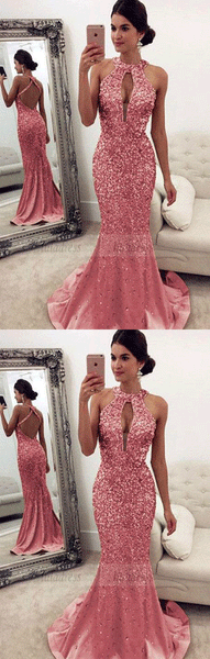 Luxurious Crystal Beaded Halter Open Back Mermaid Evening Dresses pink Prom Dresses,BD98158