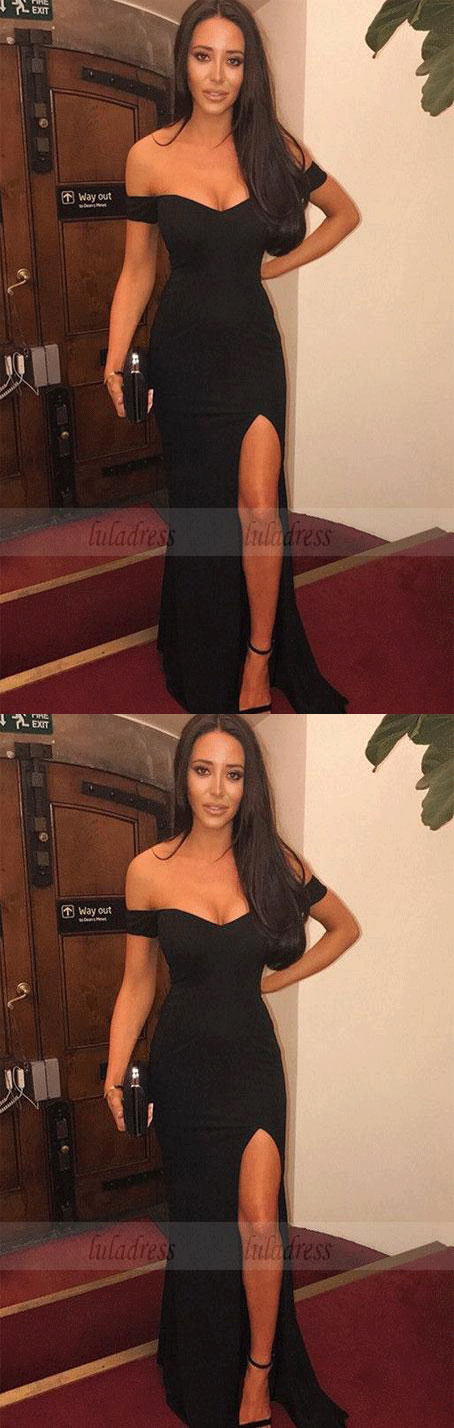Sexy Off The Shoulder Long Black Mermaid Prom Dresses Split Evening Gowns