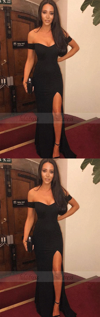 Sexy Off The Shoulder Long Black Mermaid Prom Dresses Split Evening Gowns