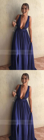 Simple Deep V-Neck Navy Blue Satin Long Prom Dress with Sweep Train