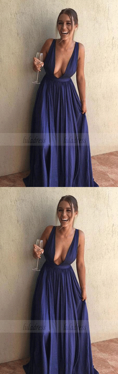 Simple Deep V-Neck Navy Blue Satin Long Prom Dress with Sweep Train