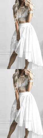 Short Princess Prom Dresses, White Sleeves With Lace High-Low Prom Dresses