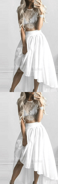 Short Princess Prom Dresses, White Sleeves With Lace High-Low Prom Dresses,BD98170
