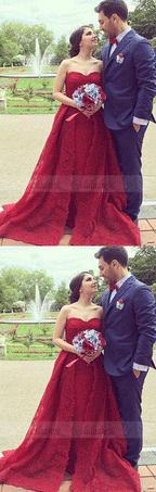 Charming A-Line Sweetheart Red Split Tulle Long Evening/Wedding Dress with Lace