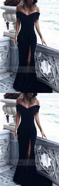 Black Jersey Mermaid V-neck Prom Dresses Off The Shoulder Evening Gowns,BD98167