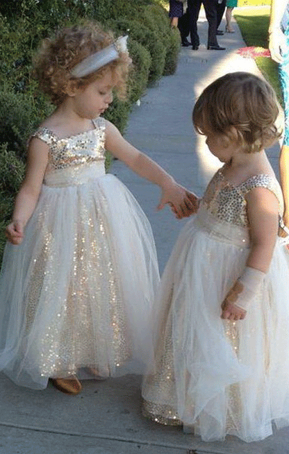 Sparkly A-line Gold Sequins Long Flower Girl Dress