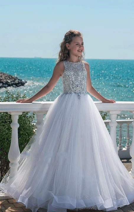 Flower Girl Dress, New White Shining Beads Princess Flower Girl Dresses