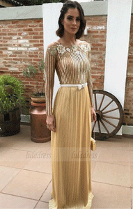 Applique Gold Long Sleeve Prom Dress, BW97726