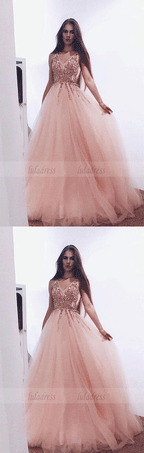 unique long prom dresses, v neck beading prom dresses, elegant tulle party dresses