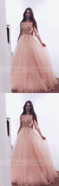 unique long prom dresses, v neck beading prom dresses, elegant tulle party dresses,BD98712