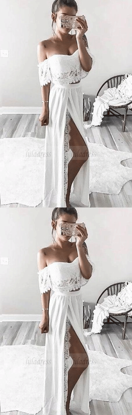 two piece long prom dresses,off the shoulder formal dresses